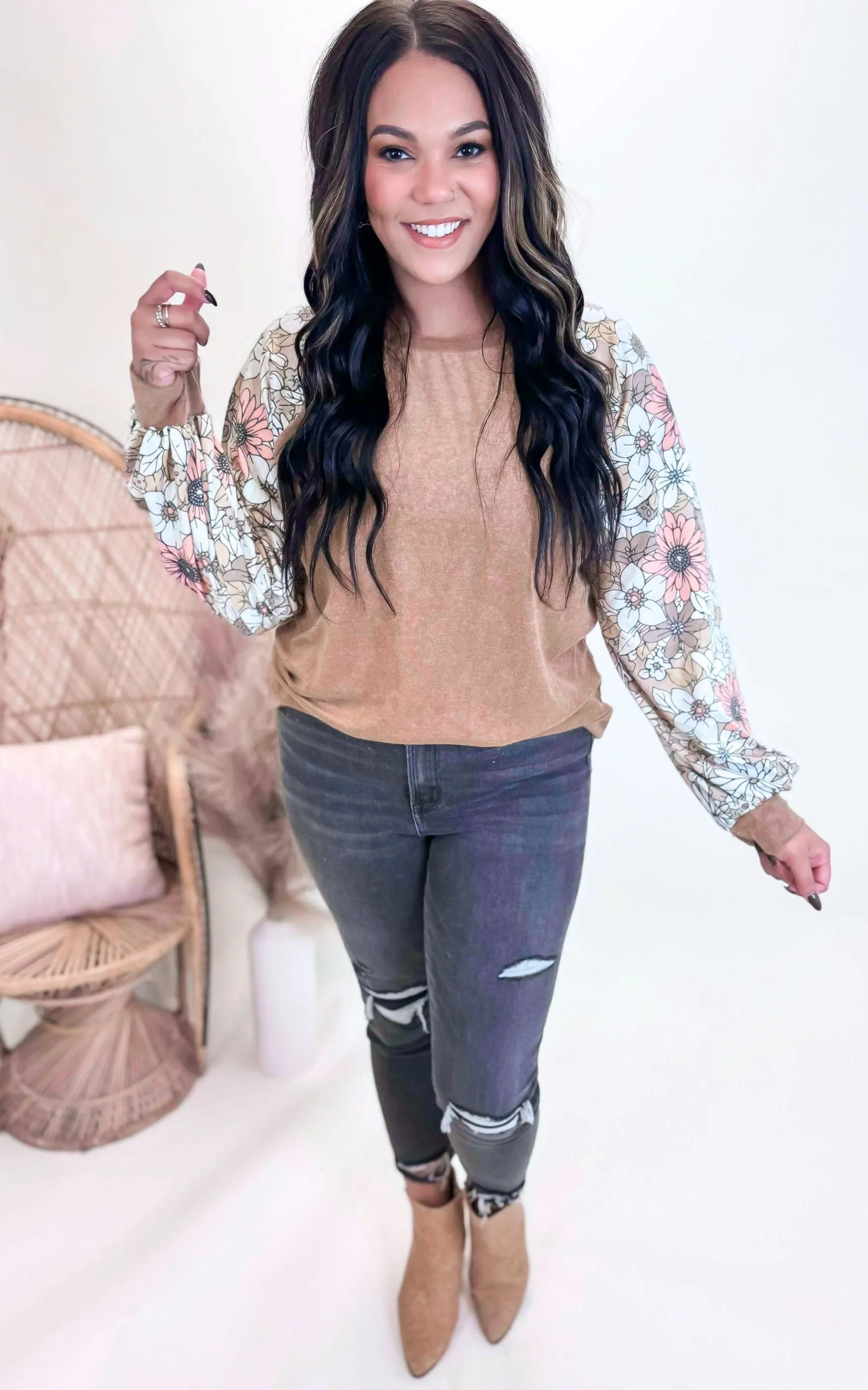 Camel Loop Terry Floral Long Sleeve Top