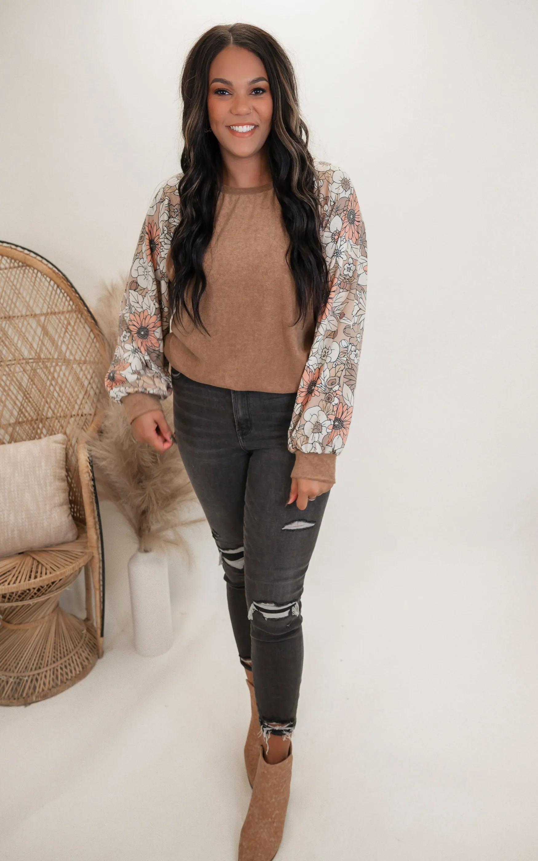 Camel Loop Terry Floral Long Sleeve Top