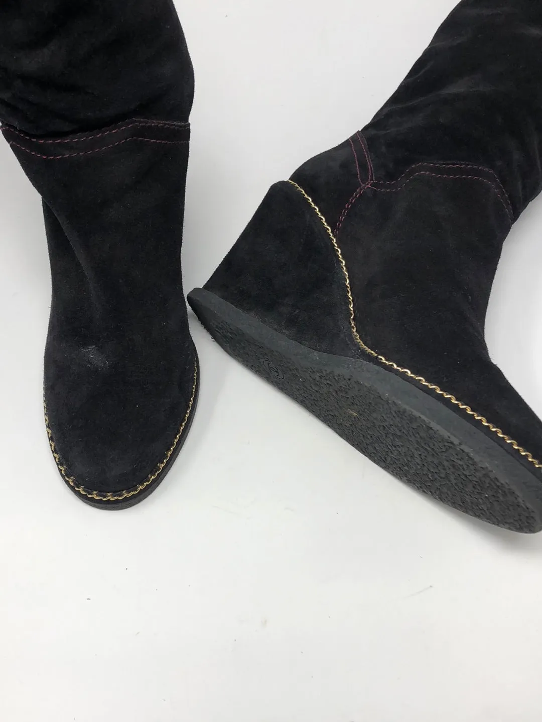 Chanel 2015 Interlocking CC Black Suede Rubber Bottom Wedge Boots