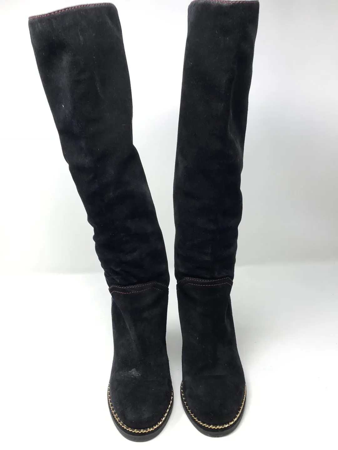 Chanel 2015 Interlocking CC Black Suede Rubber Bottom Wedge Boots