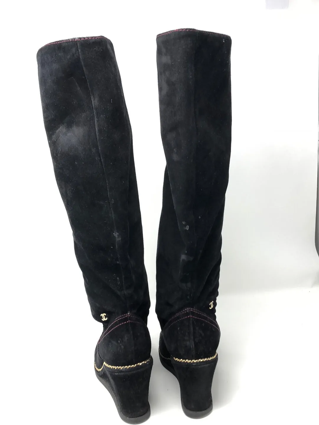 Chanel 2015 Interlocking CC Black Suede Rubber Bottom Wedge Boots