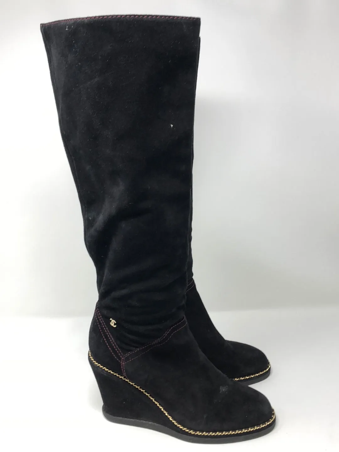 Chanel 2015 Interlocking CC Black Suede Rubber Bottom Wedge Boots