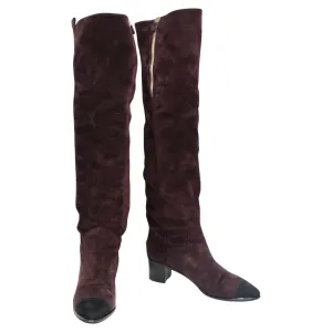 Chanel Burgundy Suede Cap Toe Over The Knee Boots