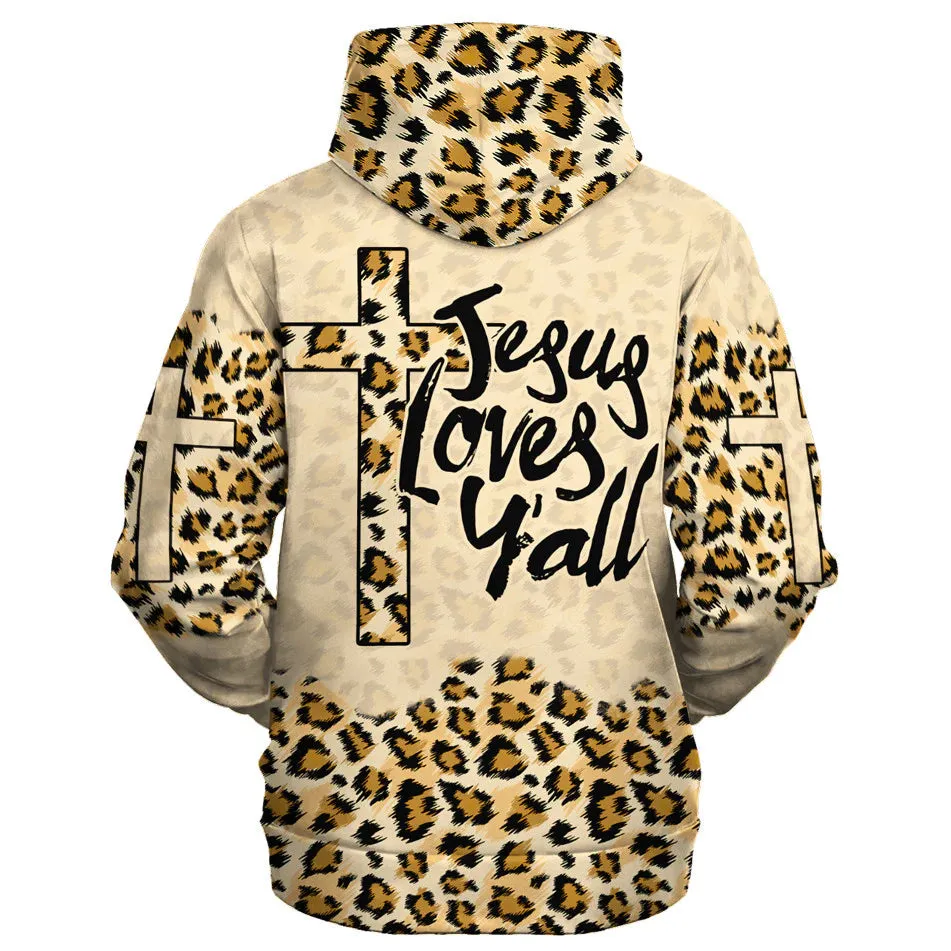 Christianartbag Clothing, Jesus Loves Y'all Cross Leopard, Christian 3D T-Shirt, Christian 3D Hoodie, Christian 3D Sweater, Personalized Hoodies.