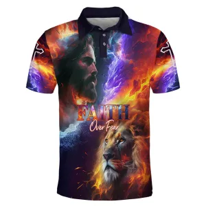 Christianartbag Polo Shirt, Faith Over Fear Jesus And Lion Polo Shirt, Christian Shirts & Shorts.