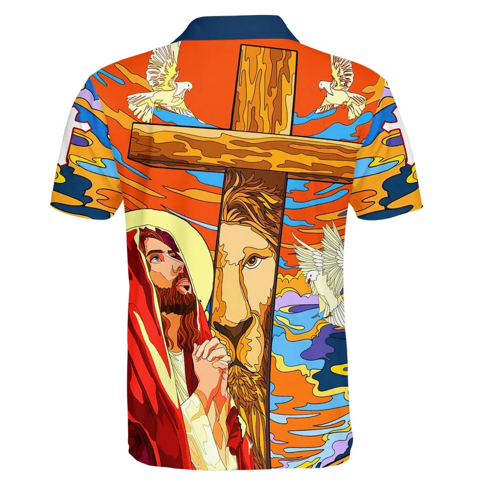Christianartbag Polo Shirt, Lion Pray With Jesus On The Cross Polo Shirt, Christian Shirts & Shorts.