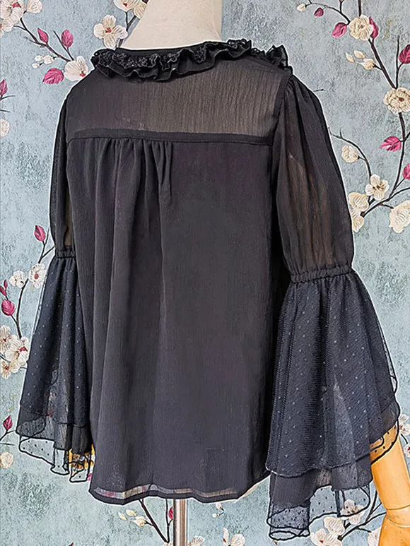 Classic Lolita Blouses Infanta Fairytale Black Lolita Top 3/4 Length Sleeves Lace Pleated Lolita Shirt