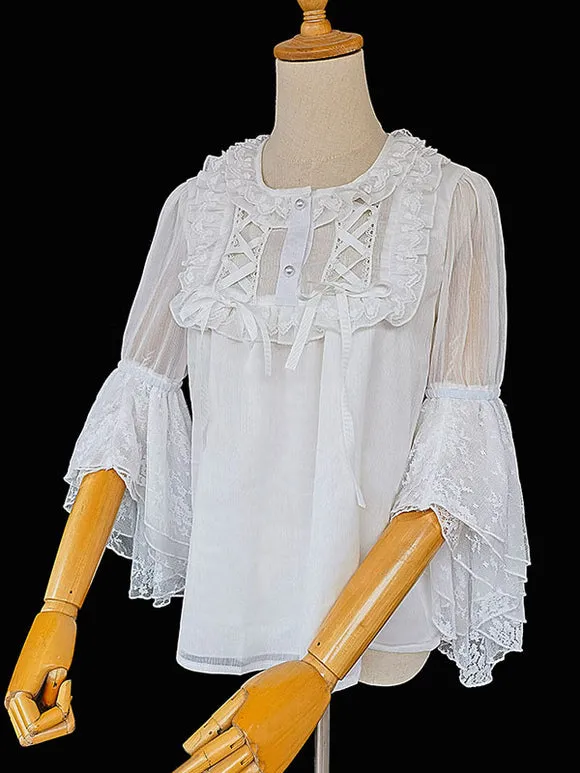 Classic Lolita Blouses Infanta Fairytale Black Lolita Top 3/4 Length Sleeves Lace Pleated Lolita Shirt