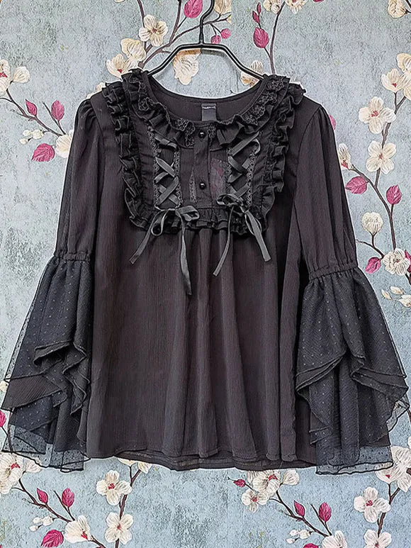 Classic Lolita Blouses Infanta Fairytale Black Lolita Top 3/4 Length Sleeves Lace Pleated Lolita Shirt