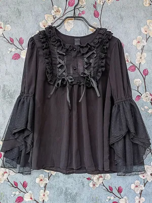 Classic Lolita Blouses Infanta Fairytale Black Lolita Top 3/4 Length Sleeves Lace Pleated Lolita Shirt