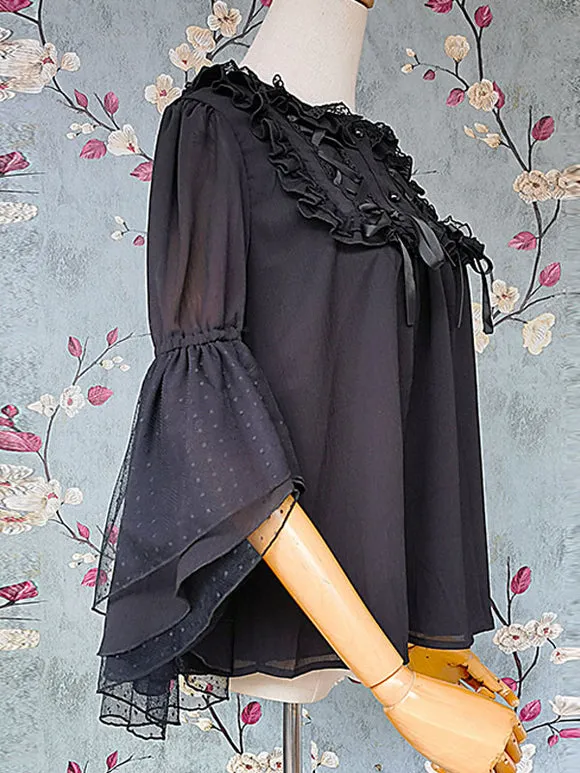 Classic Lolita Blouses Infanta Fairytale Black Lolita Top 3/4 Length Sleeves Lace Pleated Lolita Shirt