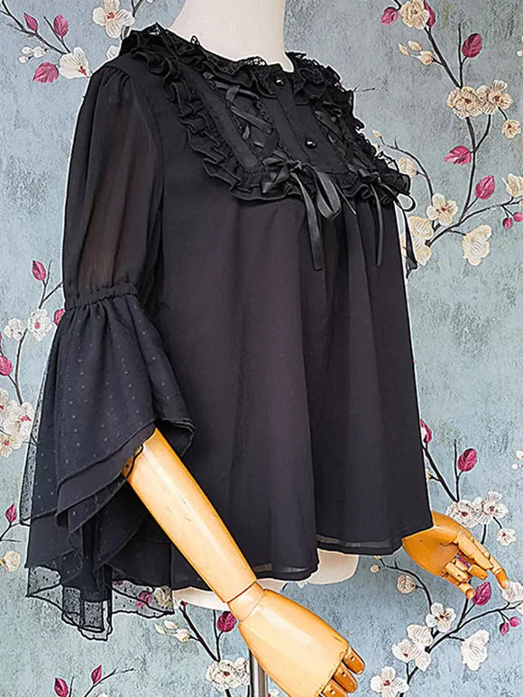 Classic Lolita Blouses Infanta Fairytale Black Lolita Top 3/4 Length Sleeves Lace Pleated Lolita Shirt