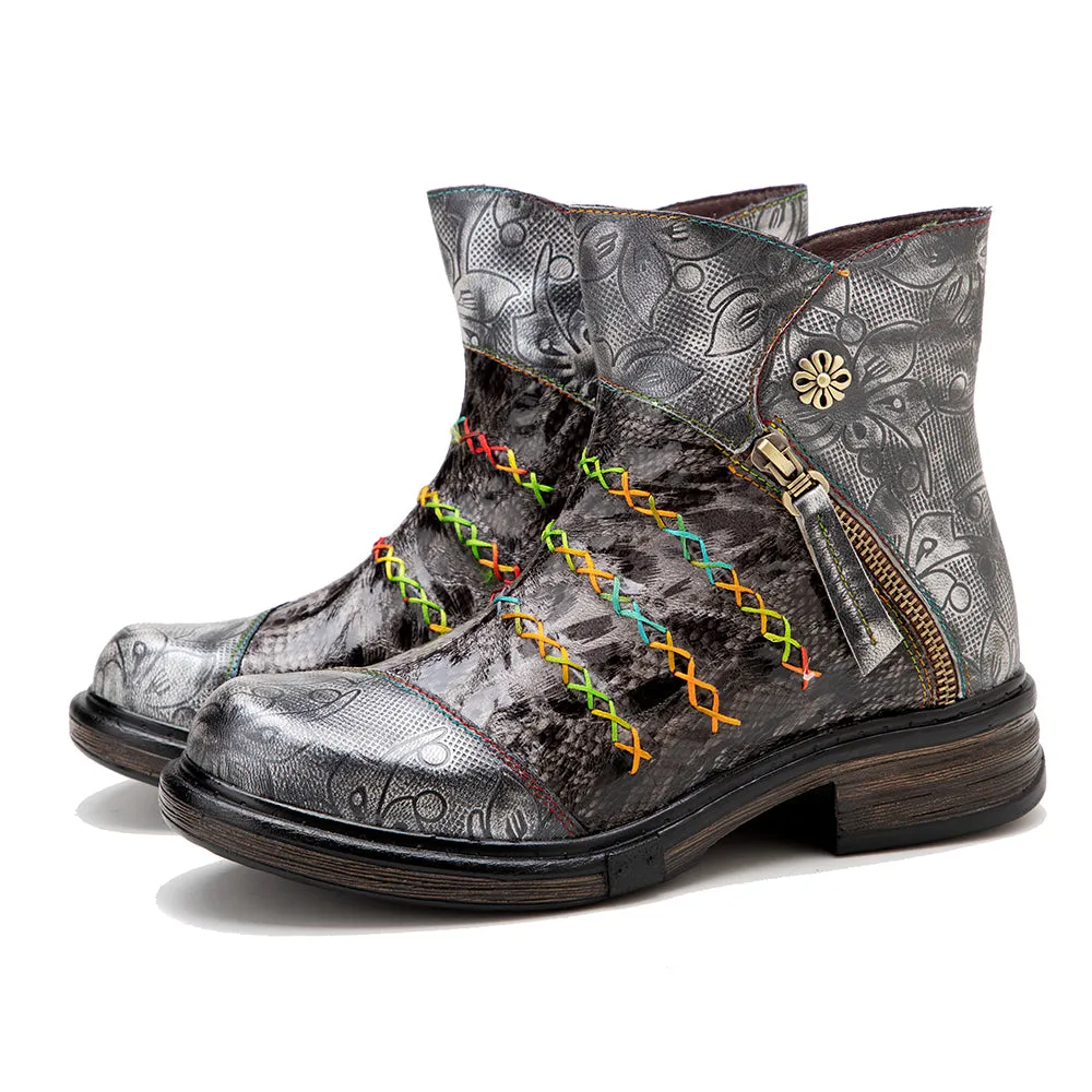 CrazycatZ Womens Ankle Boots Leather Western Boots Colorful Leather Boots Black