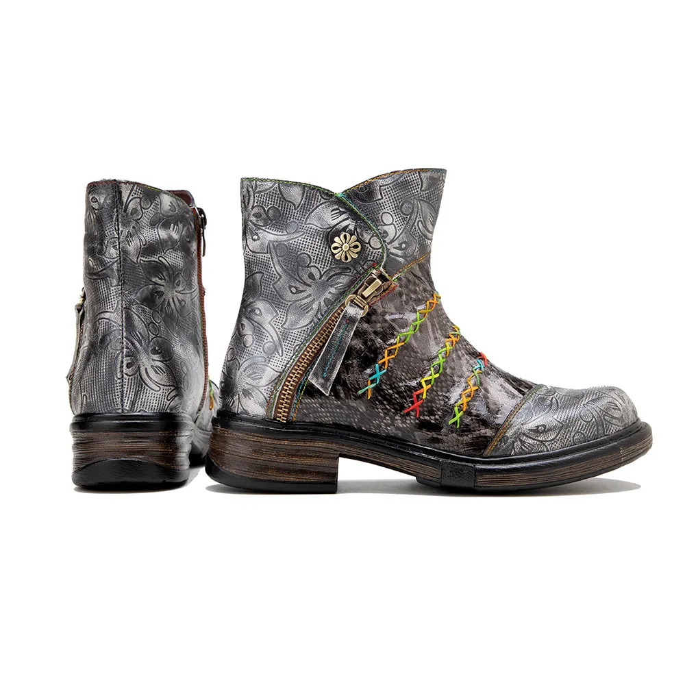 CrazycatZ Womens Ankle Boots Leather Western Boots Colorful Leather Boots Black