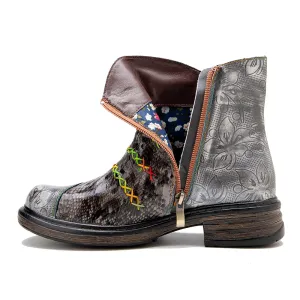 CrazycatZ Womens Ankle Boots Leather Western Boots Colorful Leather Boots Black