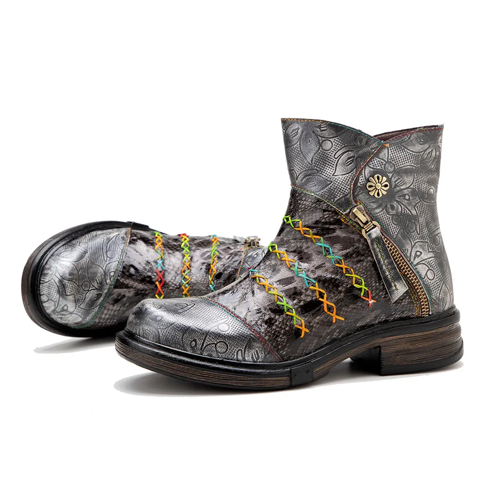 CrazycatZ Womens Ankle Boots Leather Western Boots Colorful Leather Boots Black