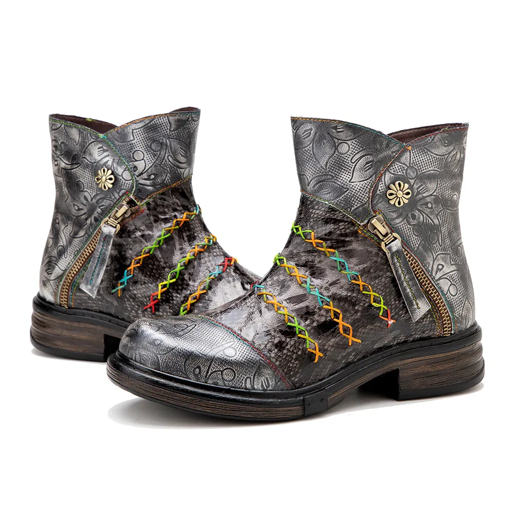 CrazycatZ Womens Ankle Boots Leather Western Boots Colorful Leather Boots Black