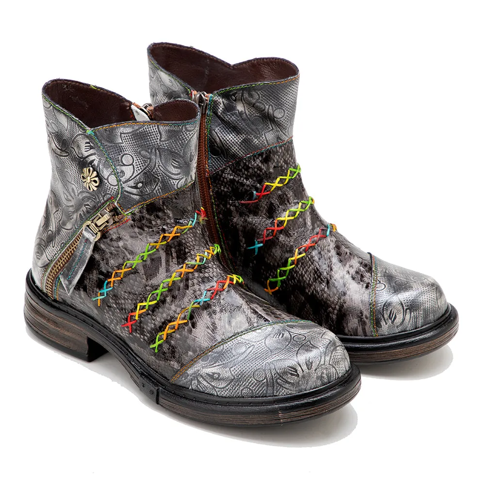 CrazycatZ Womens Ankle Boots Leather Western Boots Colorful Leather Boots Black