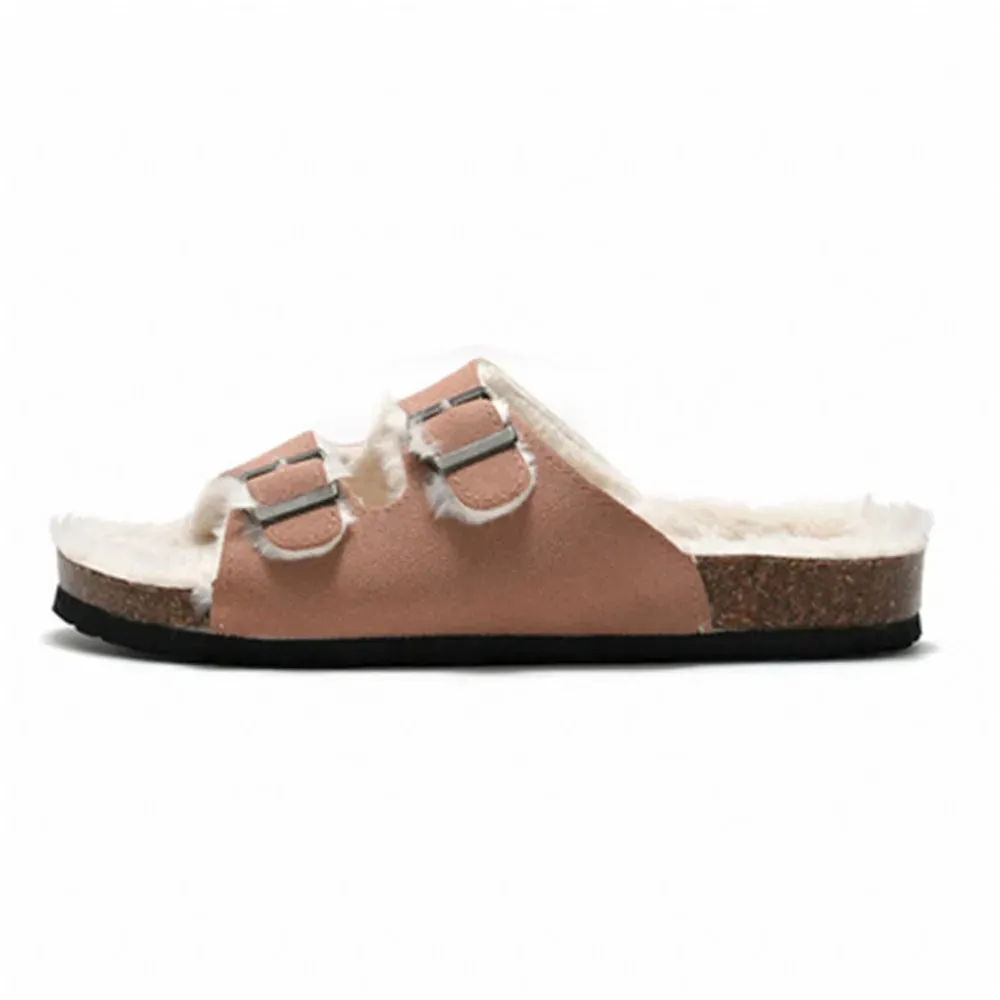 Double Button Cork Slippers Autumn Winter Clogs Keep Warm Classic Slides Fur Flats Women