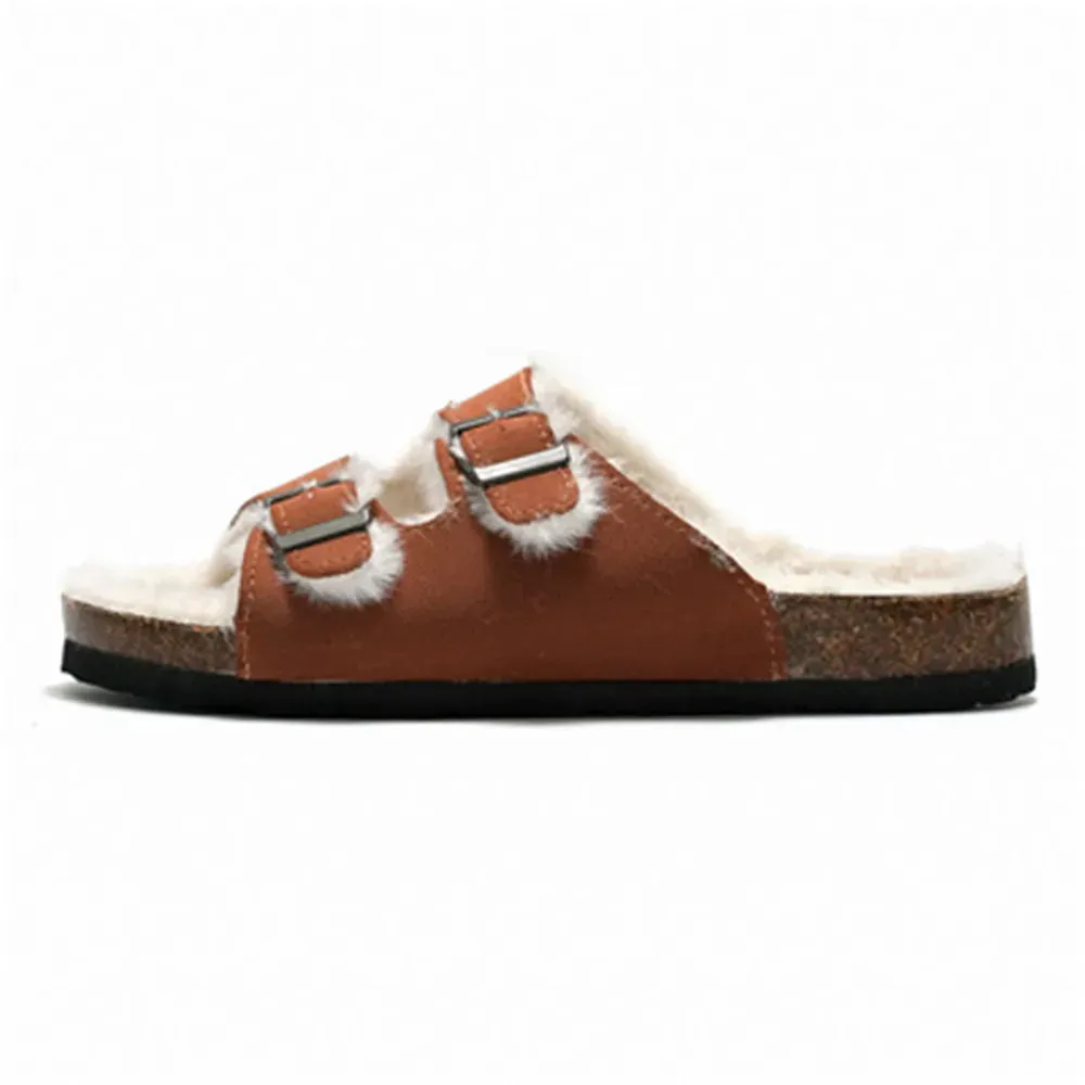 Double Button Cork Slippers Autumn Winter Clogs Keep Warm Classic Slides Fur Flats Women
