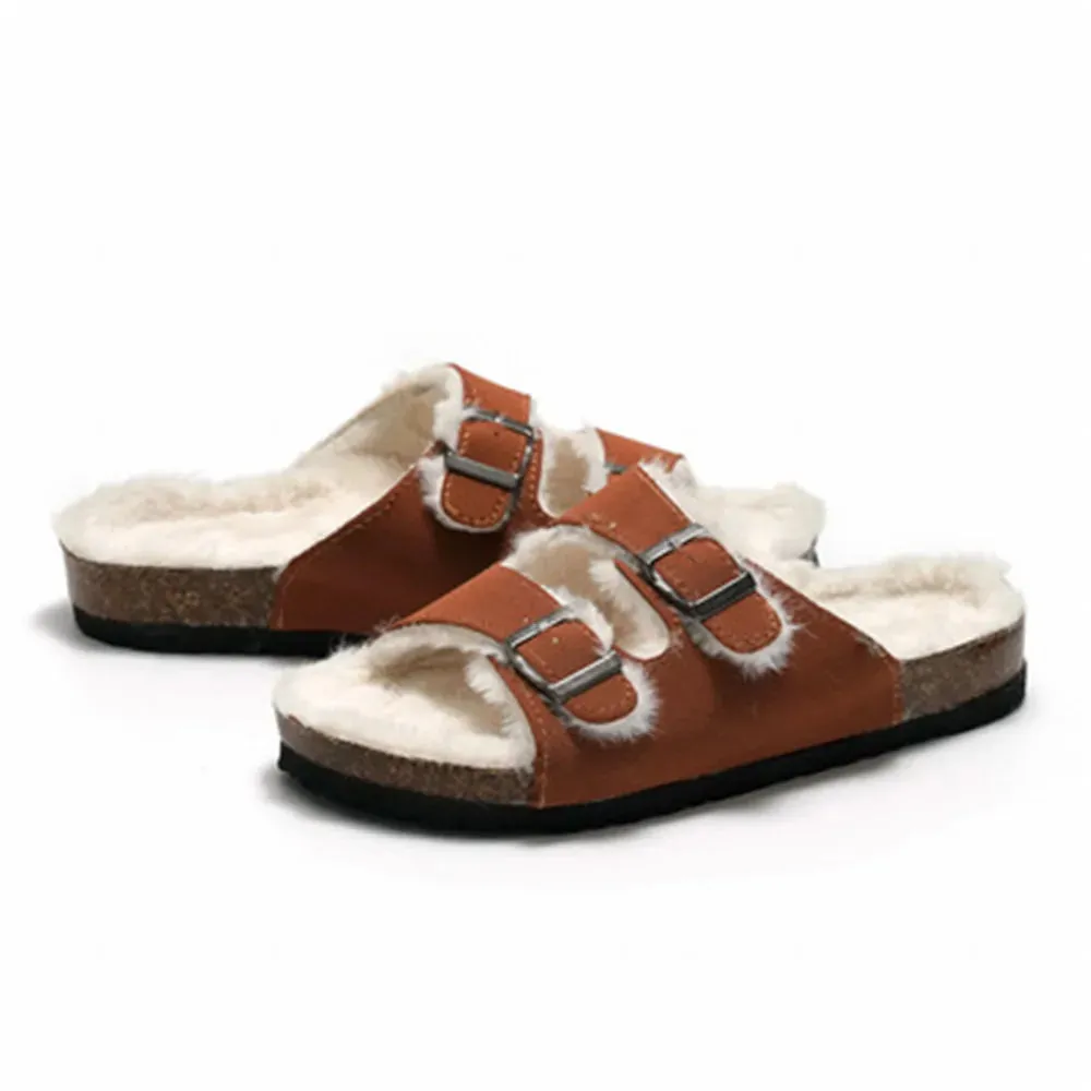 Double Button Cork Slippers Autumn Winter Clogs Keep Warm Classic Slides Fur Flats Women