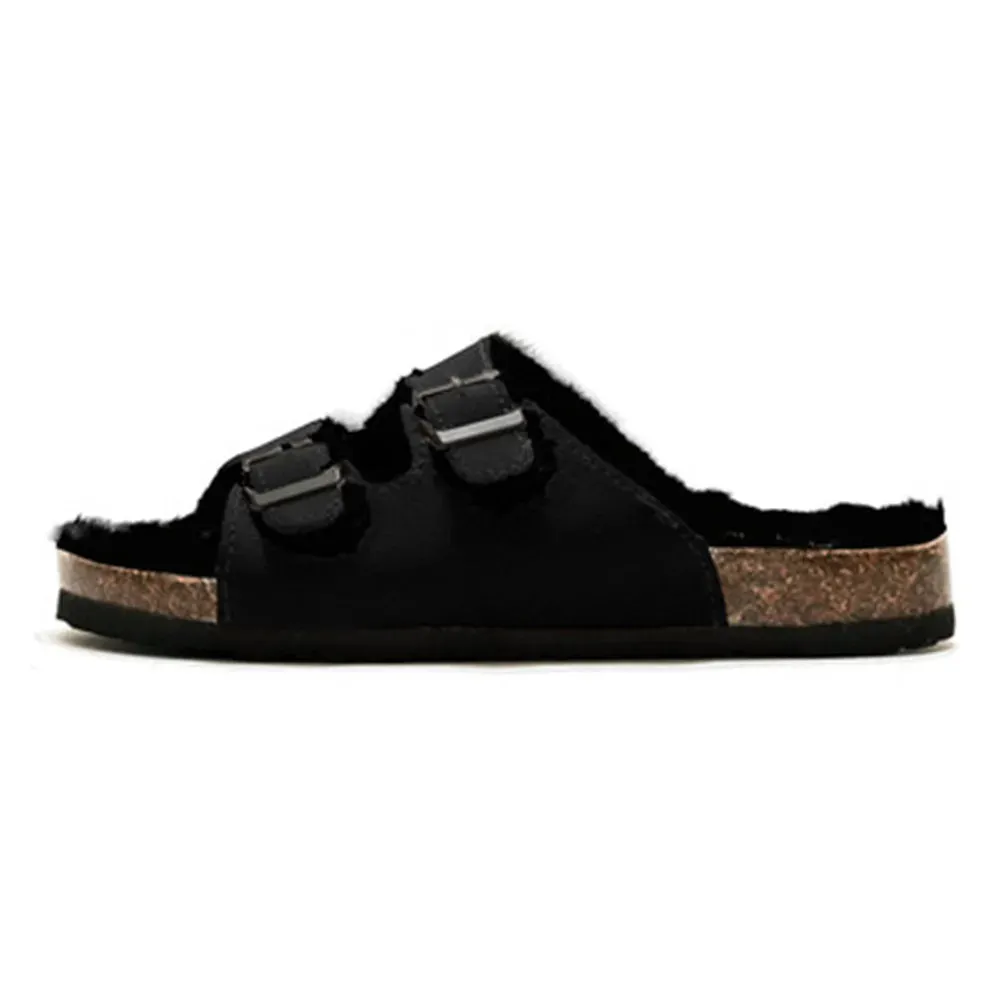 Double Button Cork Slippers Autumn Winter Clogs Keep Warm Classic Slides Fur Flats Women