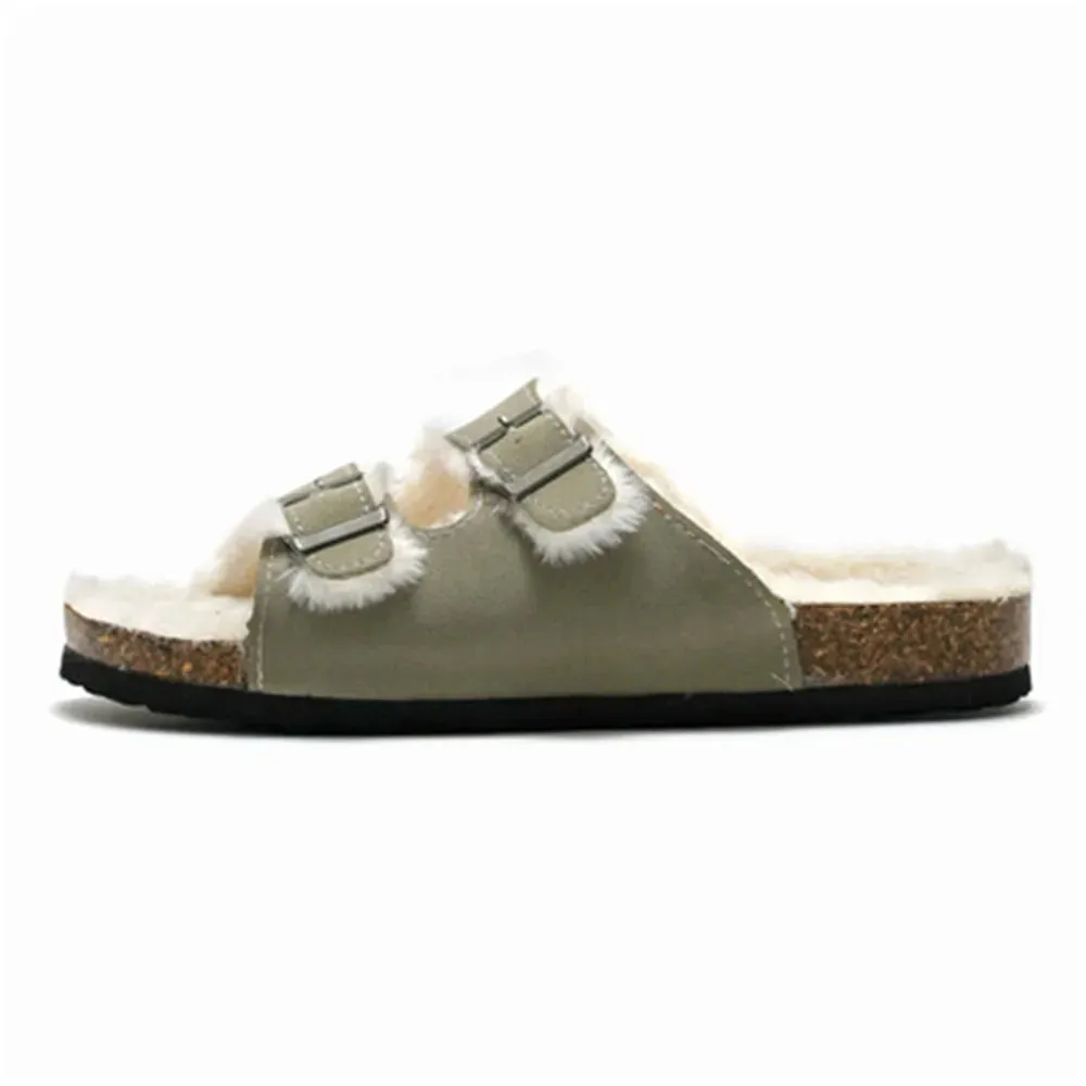 Double Button Cork Slippers Autumn Winter Clogs Keep Warm Classic Slides Fur Flats Women