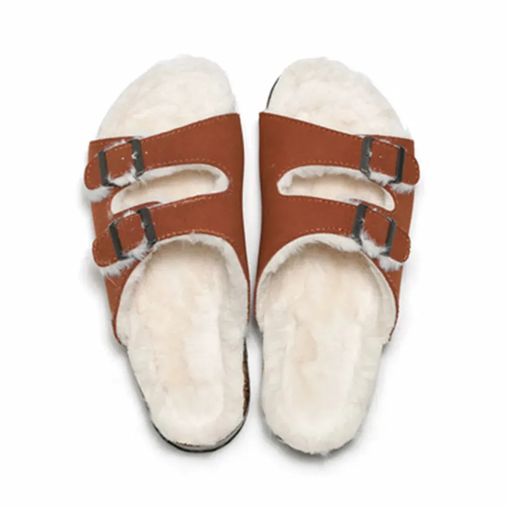 Double Button Cork Slippers Autumn Winter Clogs Keep Warm Classic Slides Fur Flats Women