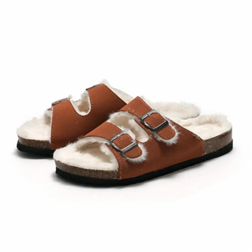 Double Button Cork Slippers Autumn Winter Clogs Keep Warm Classic Slides Fur Flats Women