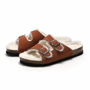 Double Button Cork Slippers Autumn Winter Clogs Keep Warm Classic Slides Fur Flats Women