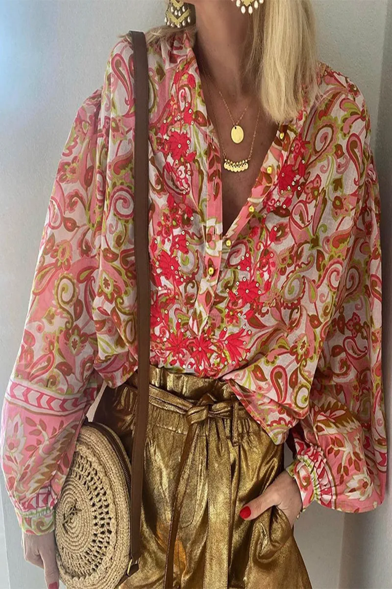 Elegant Floral Buckle Buttons V Neck Blouses