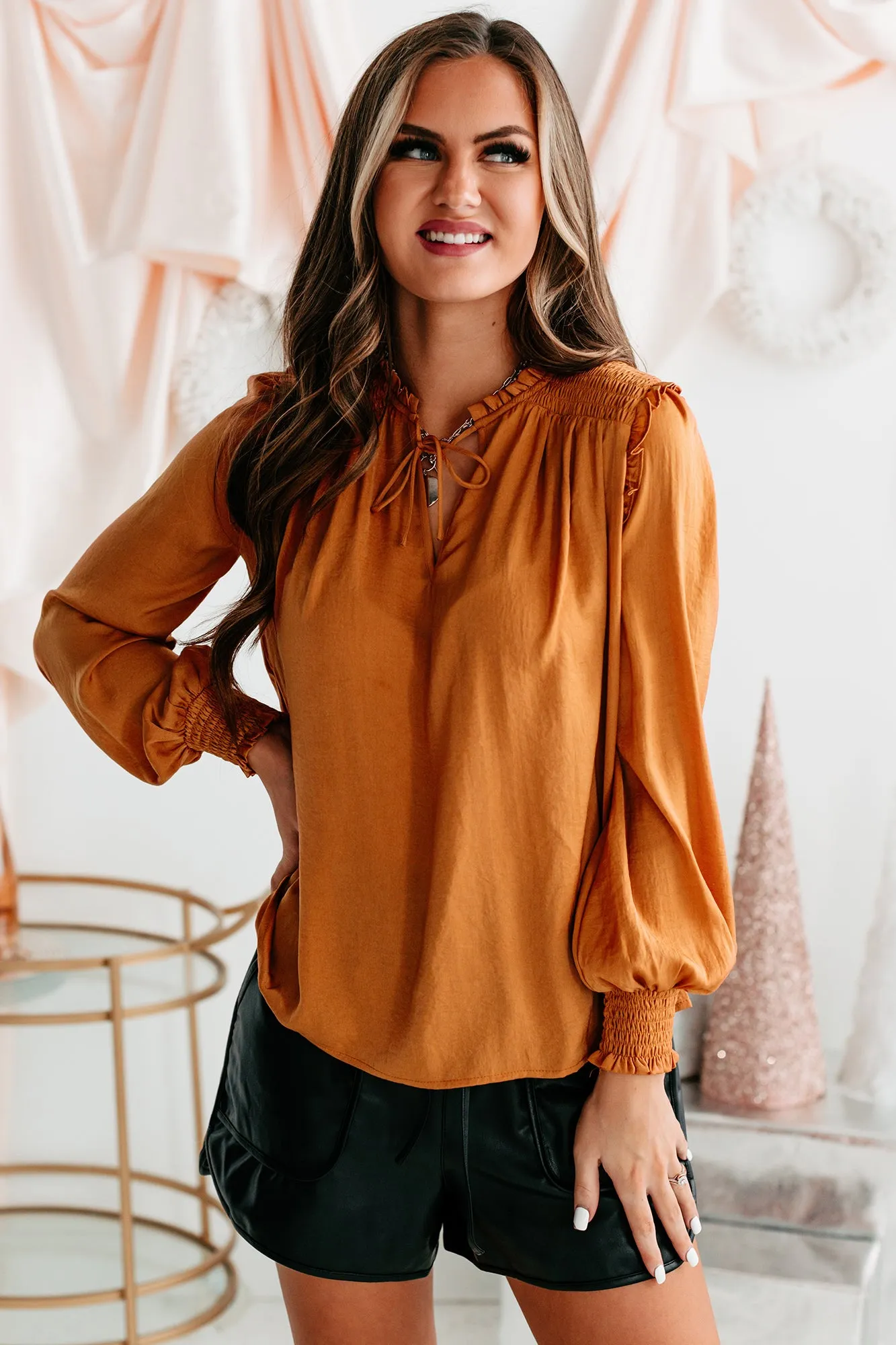 Family Affair Keyhole Satin Blouse (Camel)