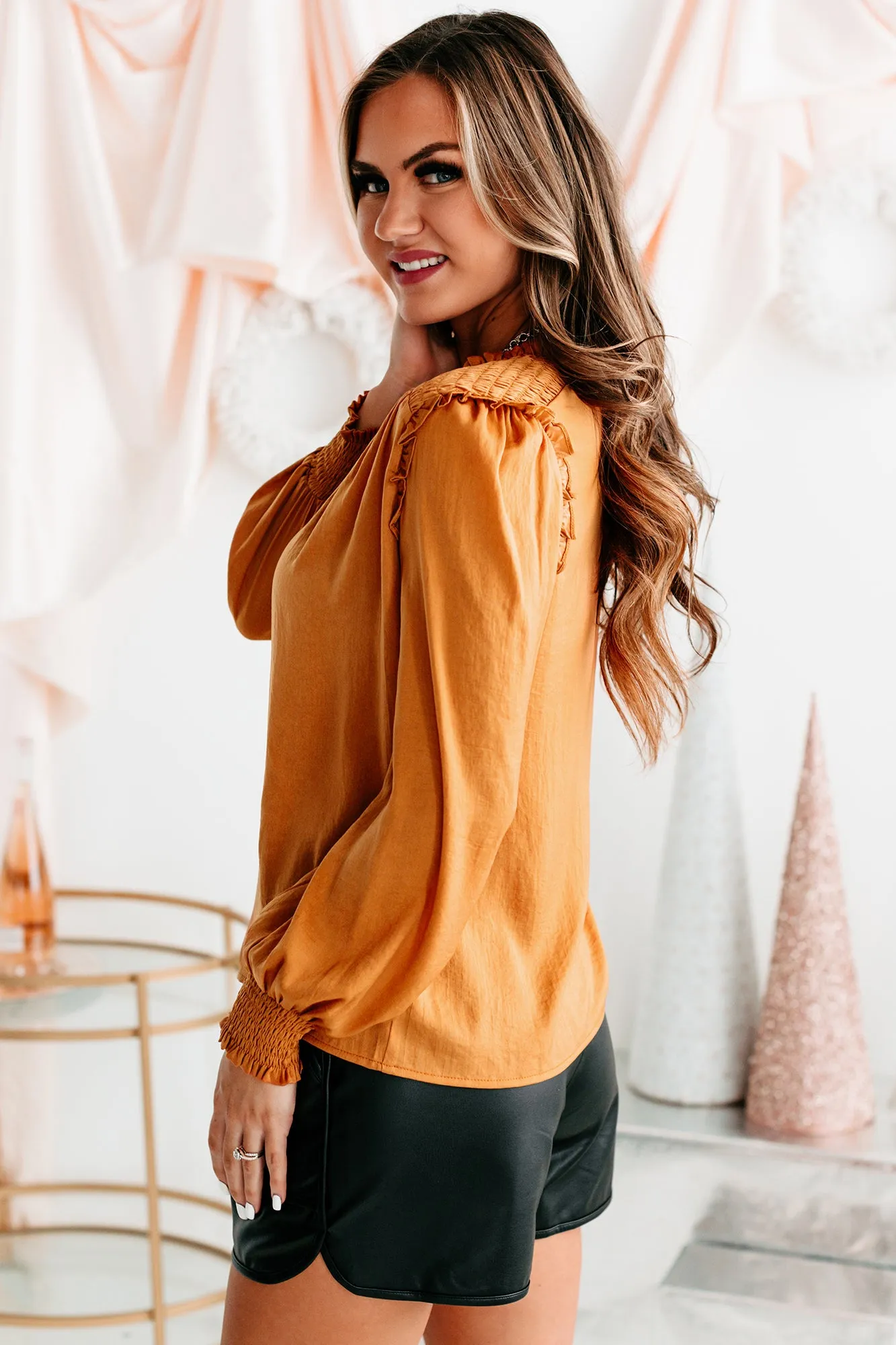Family Affair Keyhole Satin Blouse (Camel)