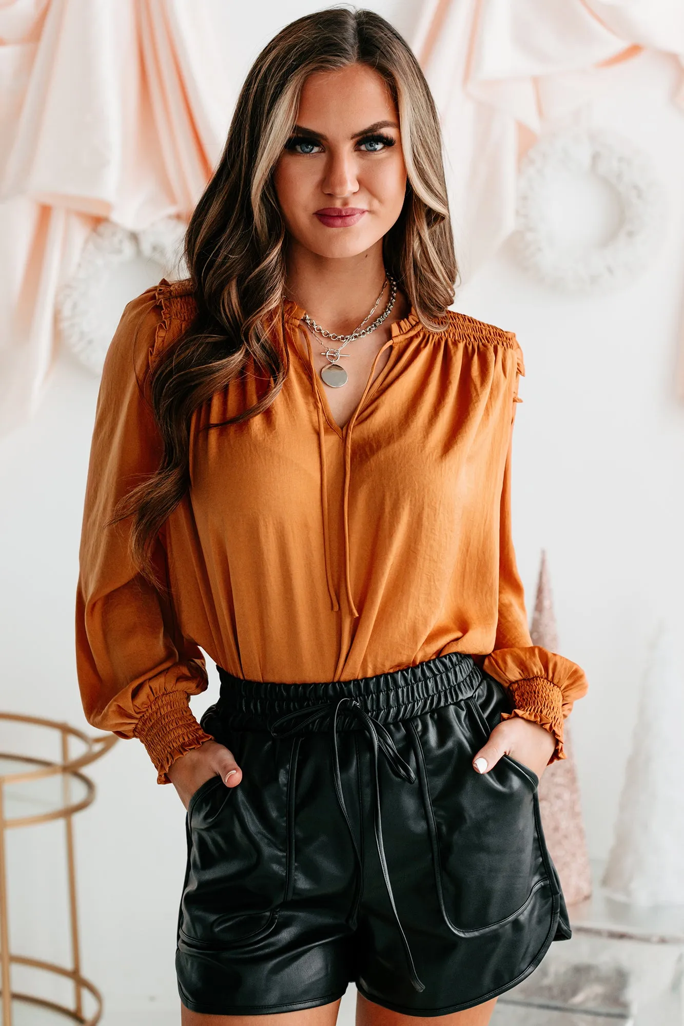 Family Affair Keyhole Satin Blouse (Camel)