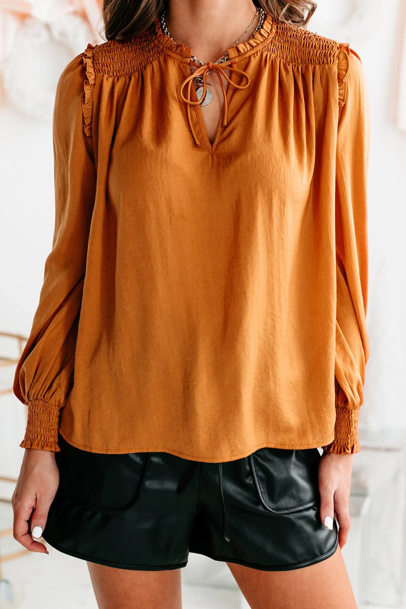 Family Affair Keyhole Satin Blouse (Camel)