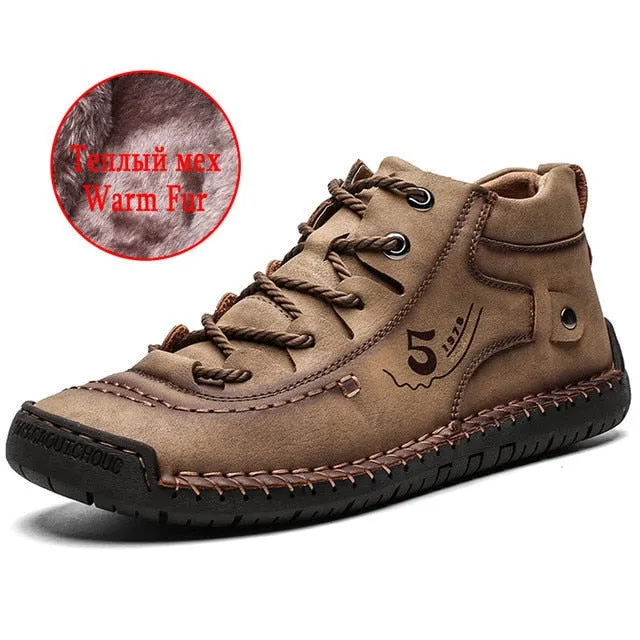 Fashion Leather Shoes Men Casual  Lace Up Men Winter Rubber Boots Casual Shoes Basic Adult Warm Fur Ankle Outdoor Bota Masculina