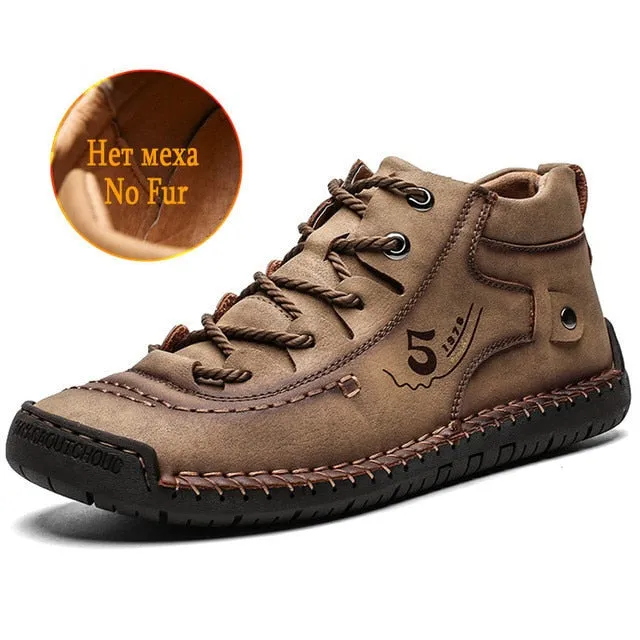 Fashion Leather Shoes Men Casual  Lace Up Men Winter Rubber Boots Casual Shoes Basic Adult Warm Fur Ankle Outdoor Bota Masculina