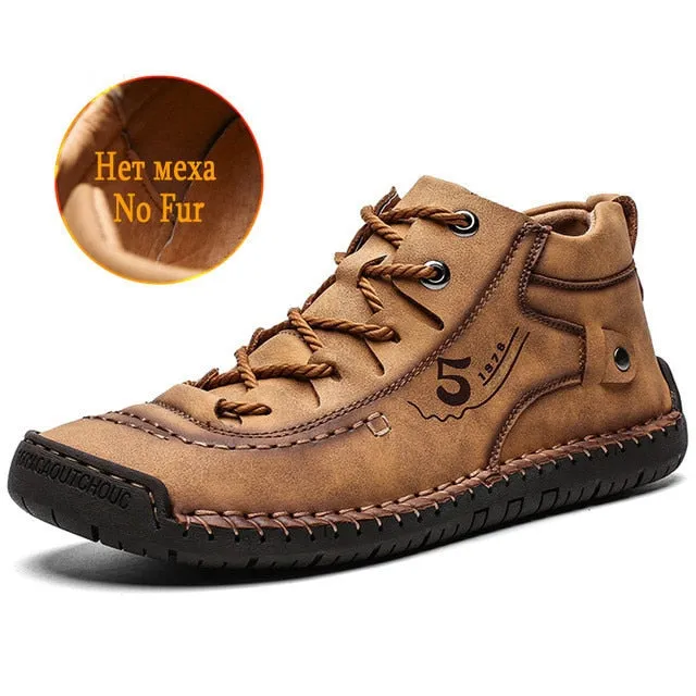 Fashion Leather Shoes Men Casual  Lace Up Men Winter Rubber Boots Casual Shoes Basic Adult Warm Fur Ankle Outdoor Bota Masculina