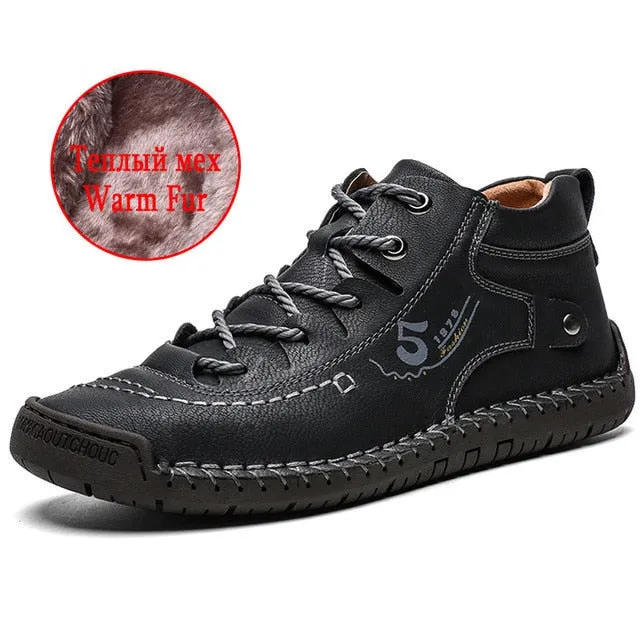 Fashion Leather Shoes Men Casual  Lace Up Men Winter Rubber Boots Casual Shoes Basic Adult Warm Fur Ankle Outdoor Bota Masculina