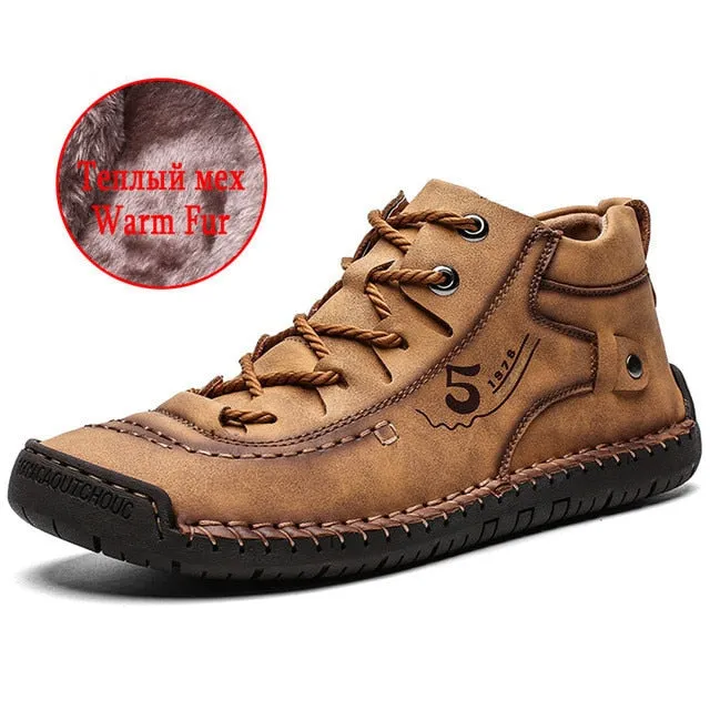 Fashion Leather Shoes Men Casual  Lace Up Men Winter Rubber Boots Casual Shoes Basic Adult Warm Fur Ankle Outdoor Bota Masculina