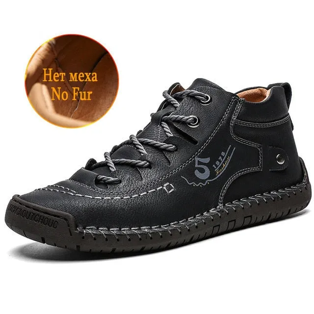 Fashion Leather Shoes Men Casual  Lace Up Men Winter Rubber Boots Casual Shoes Basic Adult Warm Fur Ankle Outdoor Bota Masculina