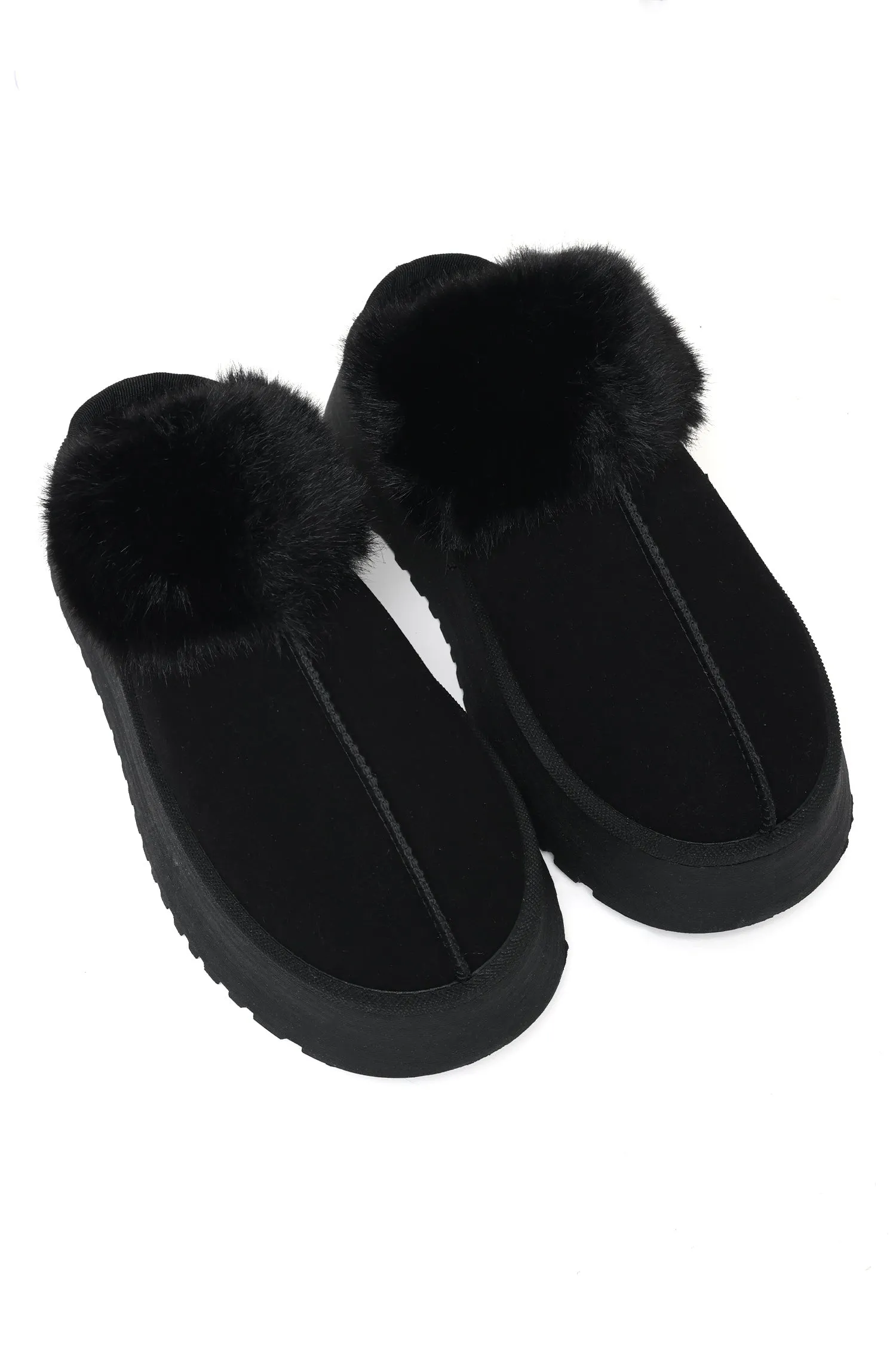 Faux Fur Trimmed Slippers-Black