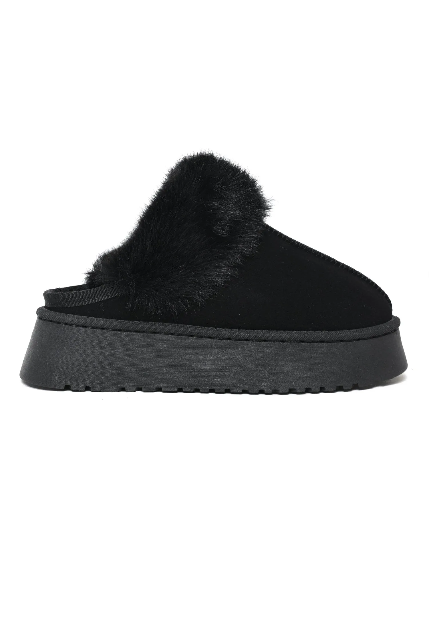 Faux Fur Trimmed Slippers-Black