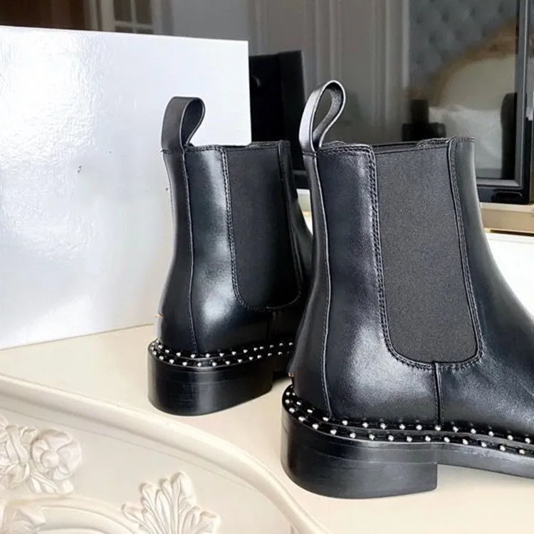 Flat Short British Style Studded Leather Women's Boots