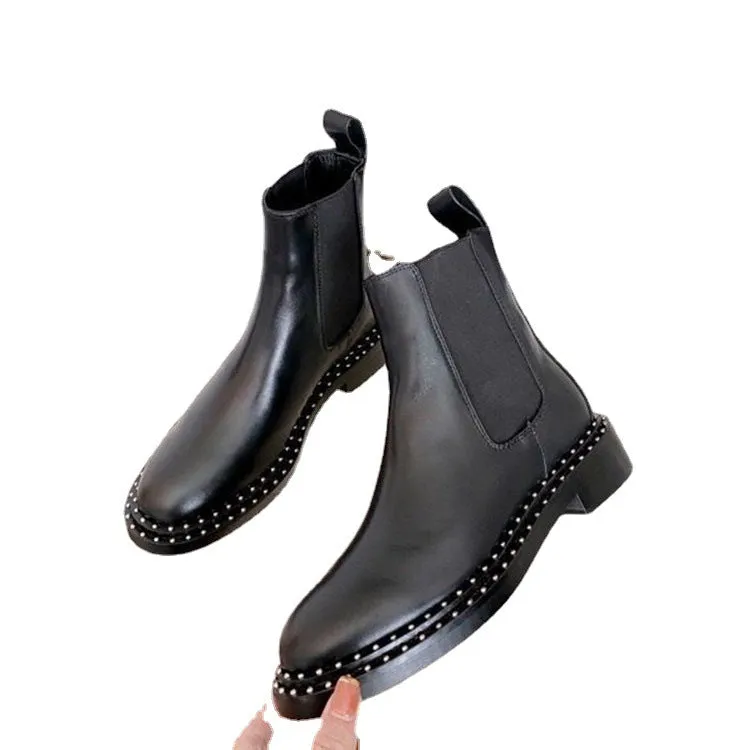 Flat Short British Style Studded Leather Women's Boots