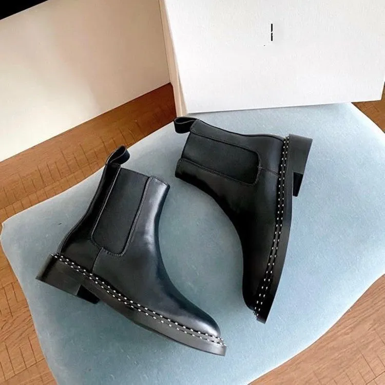 Flat Short British Style Studded Leather Women's Boots