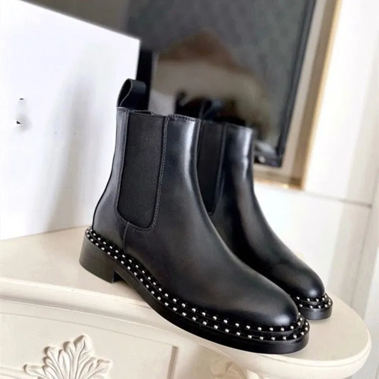Flat Short British Style Studded Leather Women's Boots