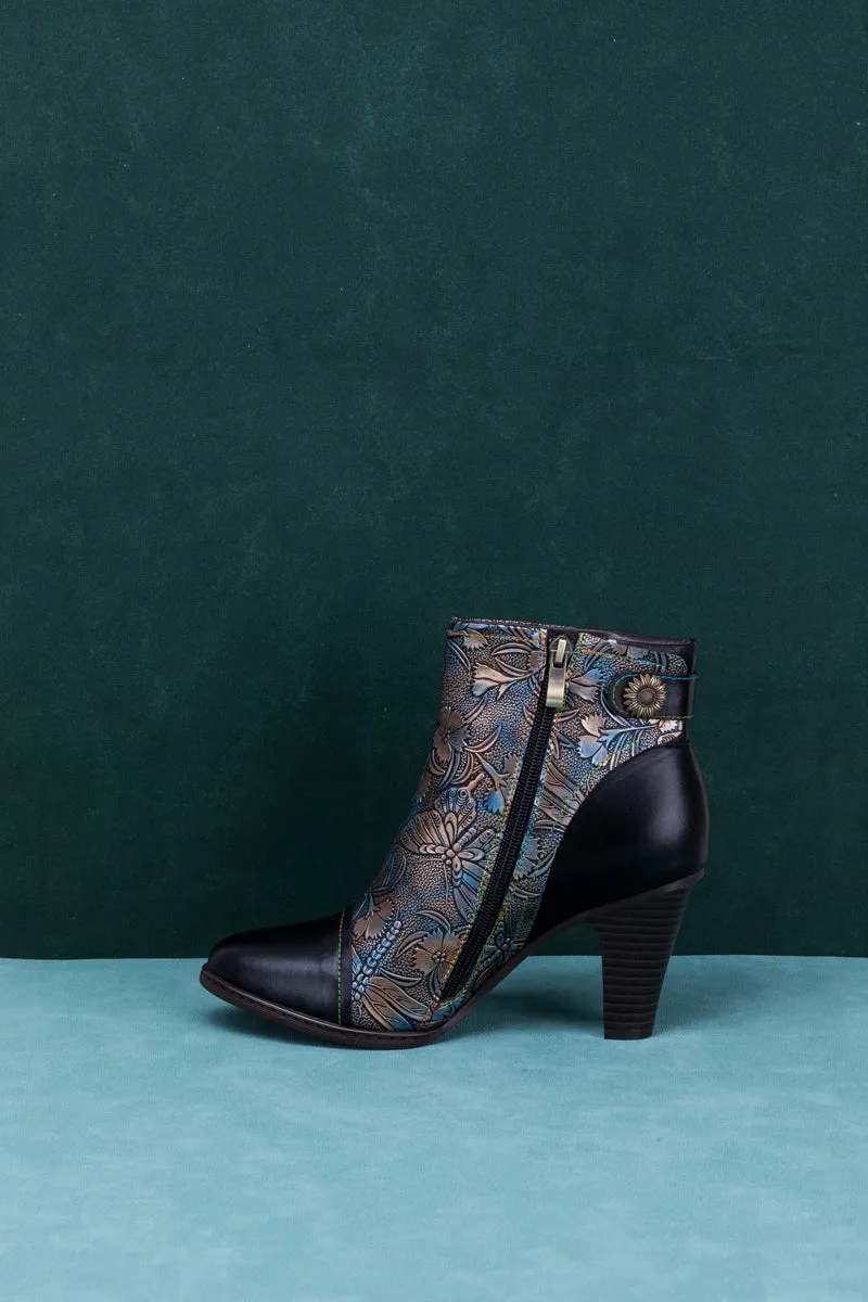 Floral Embossed Metallic Leather Ankle Boot - Black