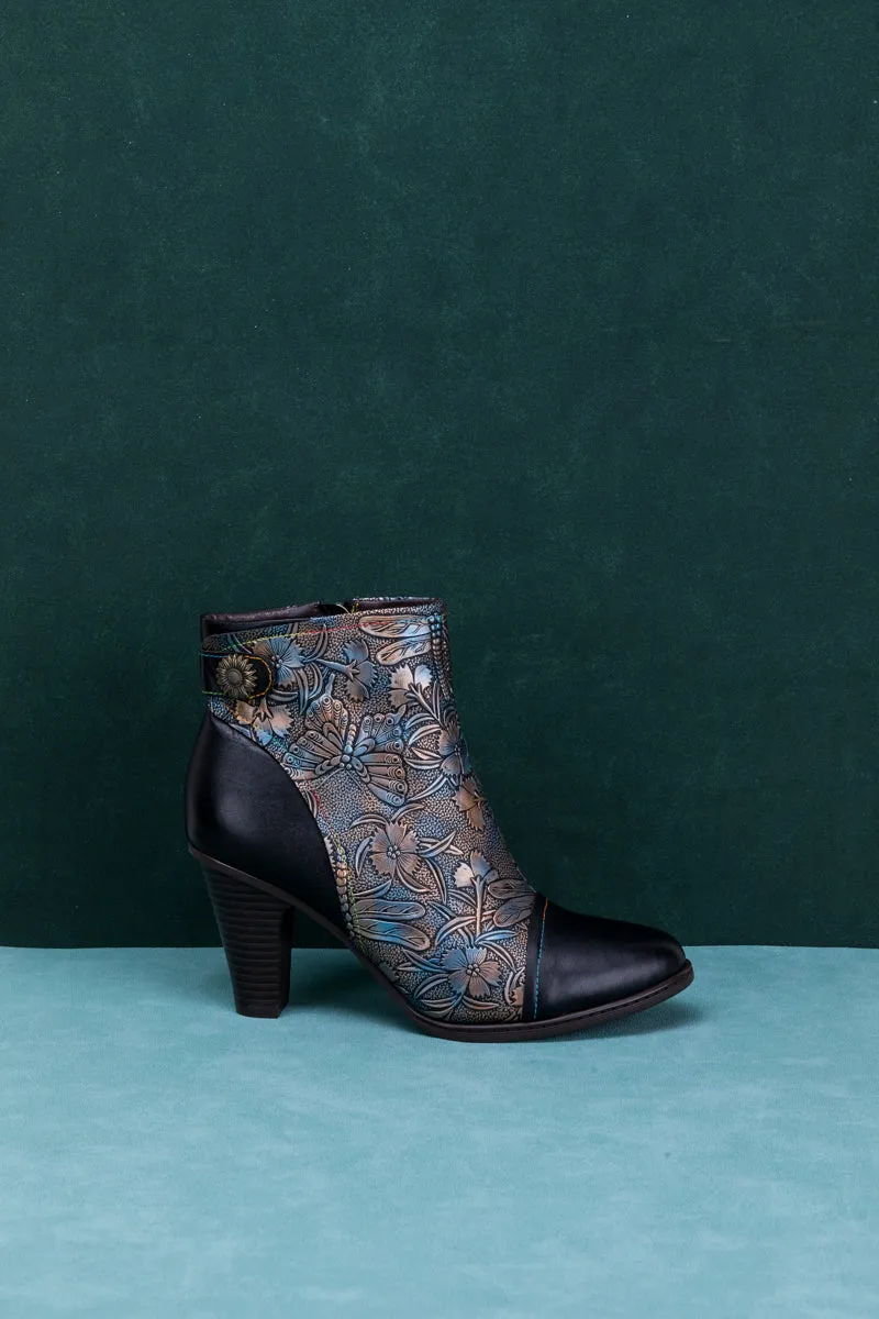 Floral Embossed Metallic Leather Ankle Boot - Black