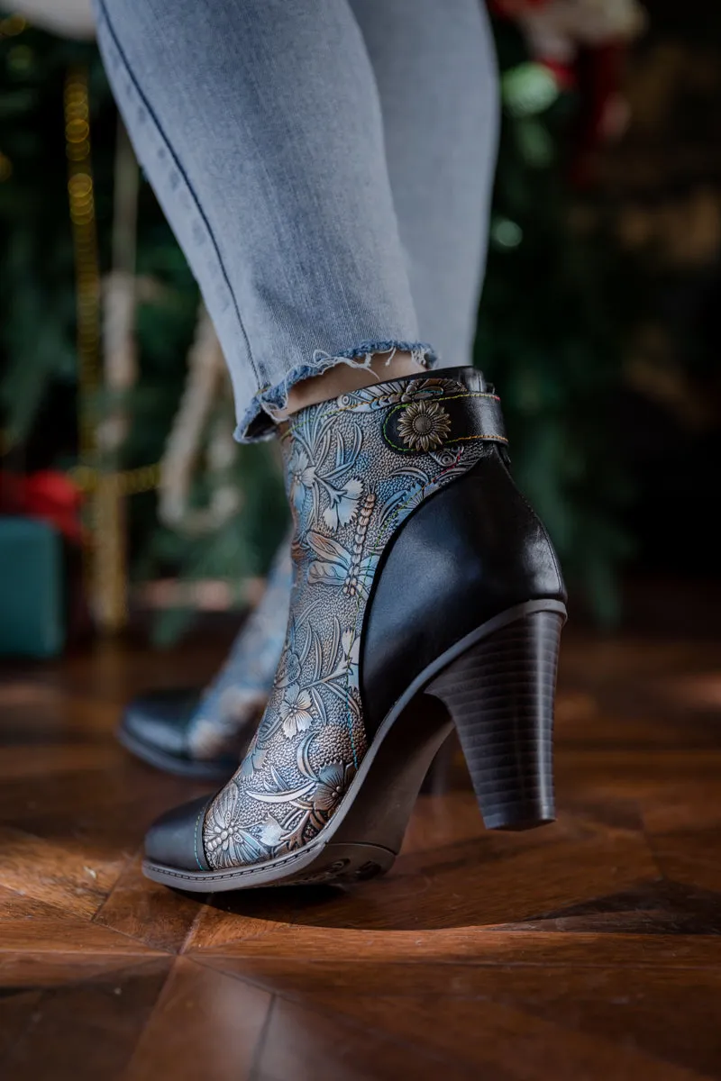 Floral Embossed Metallic Leather Ankle Boot - Black